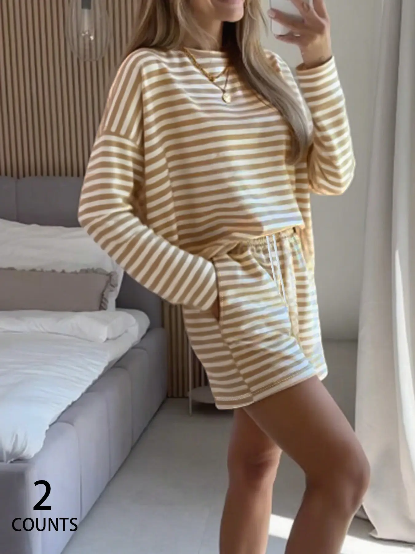 Oversized Khaki White Striped Long Sleeve Top Drawstring Pocket Shorts Matching Set Lazy Day Home Coffee Run Daily Errands Short Trip Streetwear Loungewear Tracksuit Pajama Indoor Vacation Loose Women Two Piece Co Ord Daily Going Out Stripe Loungewear