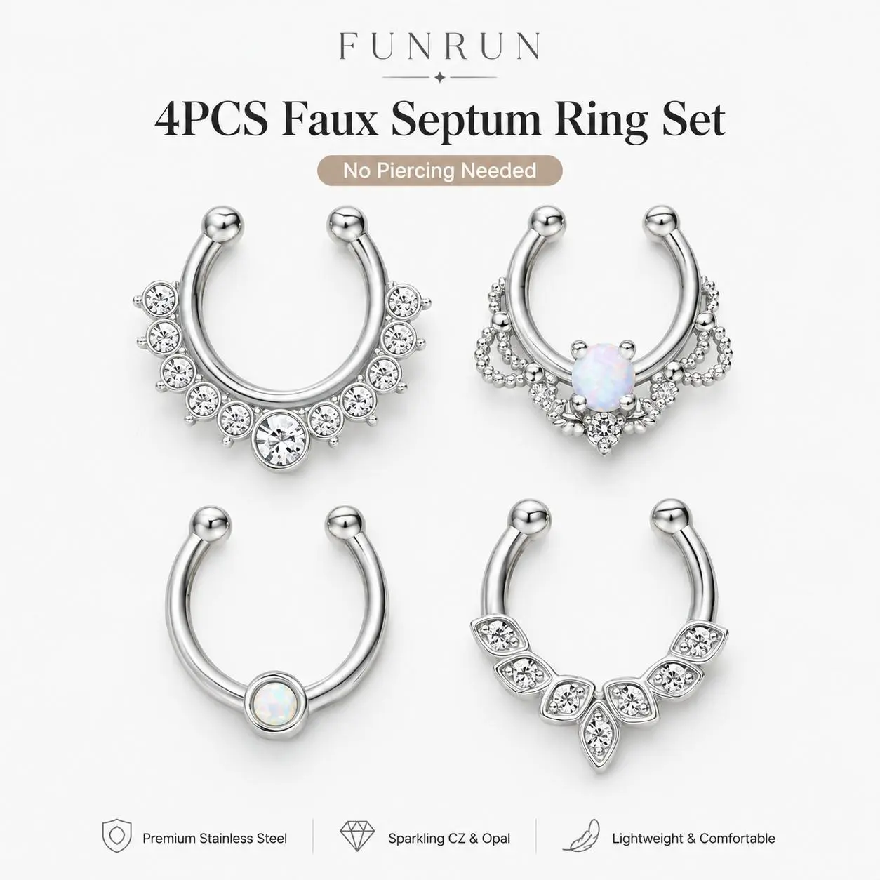 FUNRUN 4-Piece Faux Septum Ring Set, No-Piercing Clip-On Fake Nose Rings with CZ and Opal Accents, Steel Color Septum Jewelry for Women