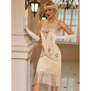 1920s Vintage Sequin Gatsby Party Fringe Short Sleeve Dress, Tassel Banquet Dance Dress with Beaded Appliqué, In Stock