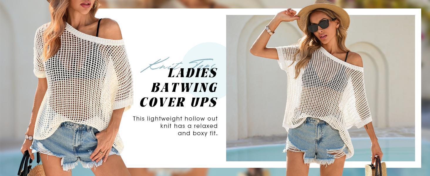 Beotyshow Womens Batwing Short Sleeve Crochet Sweater Tops Oversized Boat Neck Boho Knit Summer Beach Cover Ups