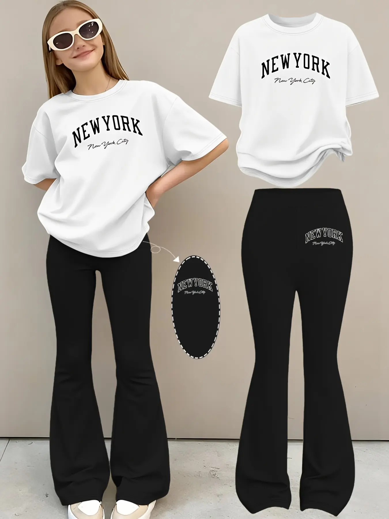 Trendy basic urban street style cotton blend minimalist new york print matching tee and casual bell pants set for teen girls wearable for training class city walk family dinner popular kids summer fashion fyp viral two piece outfit