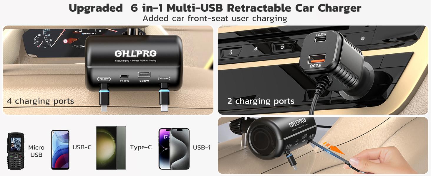 OHLPRO Car Back Seat Charger with Retractable Cables, Headrest Mount Phone Tablet Charger with USB-C PD30W & iOS PD20W Wires, 4-Port Adapter for Uber Taxi Rideshare, with Cigarette Lighter Plug