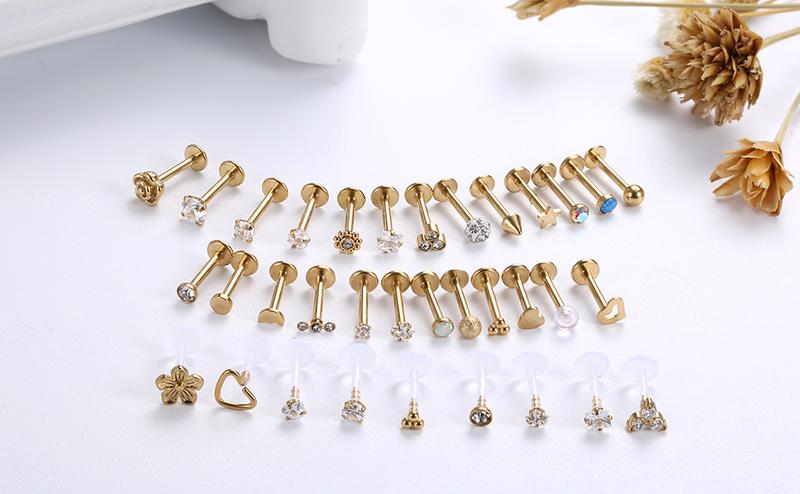 Sanfenly34PCS Lip Rings for Women Men 16G Medusa Labret Lip Piercing Jewelry 6MM 8MM Lip Ring Studs Silver Gold Black Rose Gold Tragus Helix Cartilage Earrings