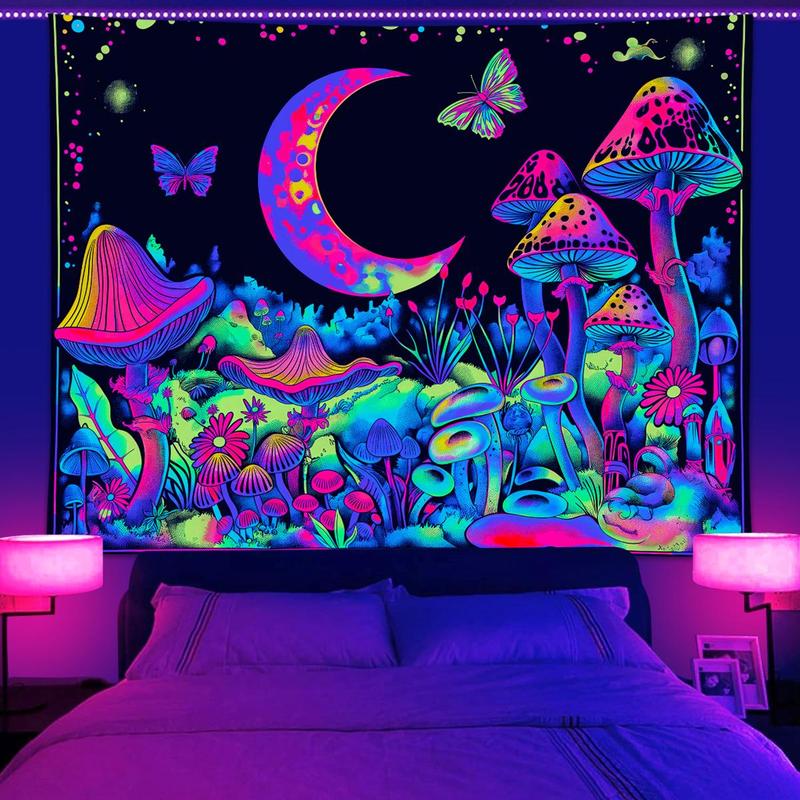 Mushroom & Moon & Butterfly Pattern Tapestry, 1 Count UV Reactive Fluorescent Durable Decorative Tapestry, Neon Light Effect Wall Hanging Blanket for Home, Multicolor Decoration Items, Home Goods, Tapestry Wall Mural Mushroom & Moon & Butterfly Pattern Tapestry, 1 Count UV Reactive Fluorescent Durable Decorative Tapestry, Neon Light Effect Wall Hanging Blanket for Home, Multicolor Decoration Items, Home Goods, Tapestry Wall Mural