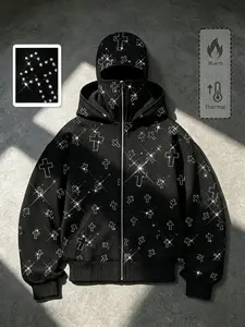 Full Rhinestone Cross Twin Hat Hoodie, American Dark High Street Style, Embellished Rhinestones, Fleece Lined, Loose Fit, Unisex Streetwear