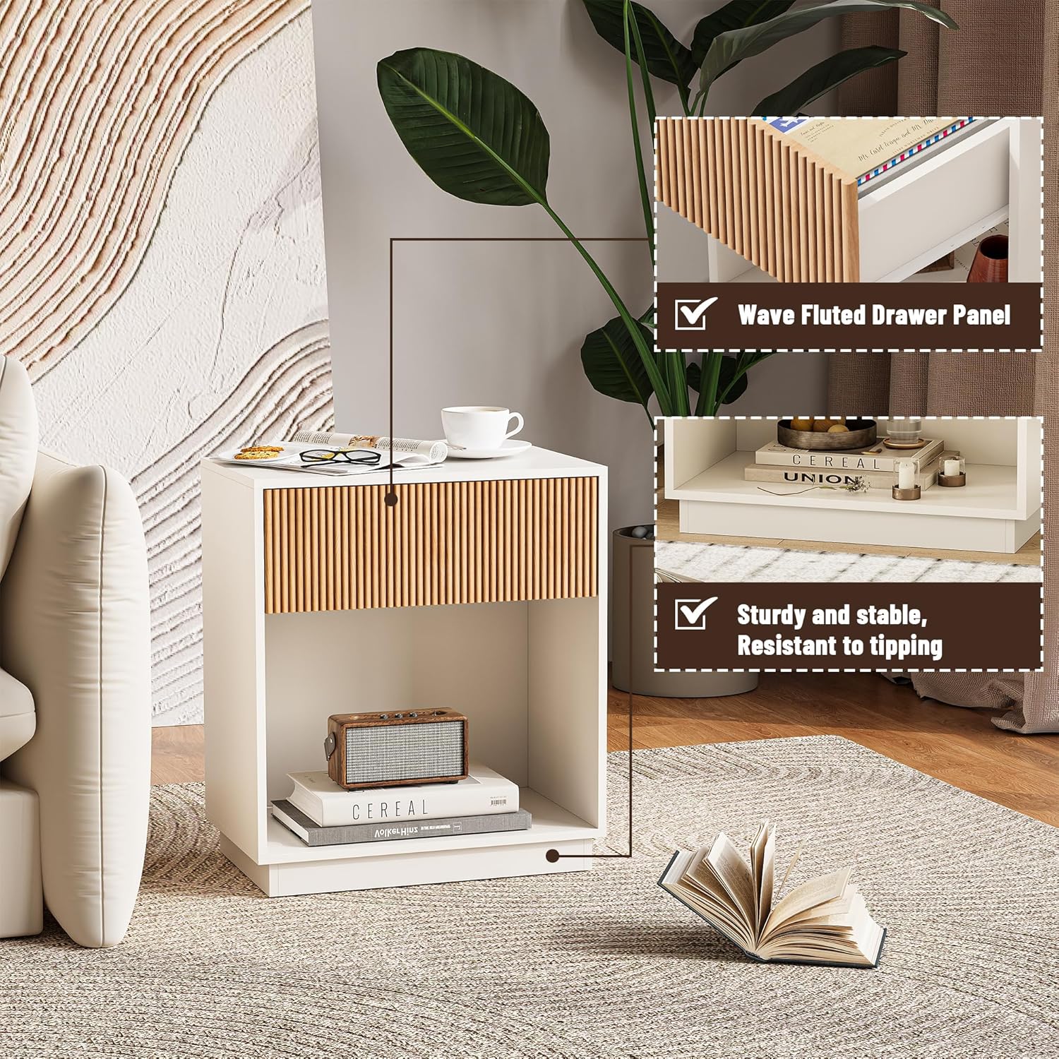 Fluted Nightstands Set of 2, Modern Bedside Table with Drawer and Storage Shelf,  End Table Mid Century Night Stands for Bedroom Living Room Sofa Couch Office (White+Oak)