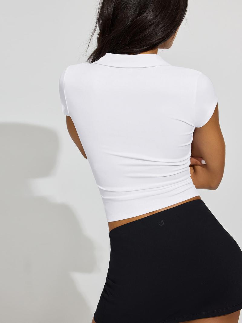 Summer Polo Collar Button Short Sleeve Slim Fit Sports Waist-Cinching Solid Color Versatile Top Short Sleeve