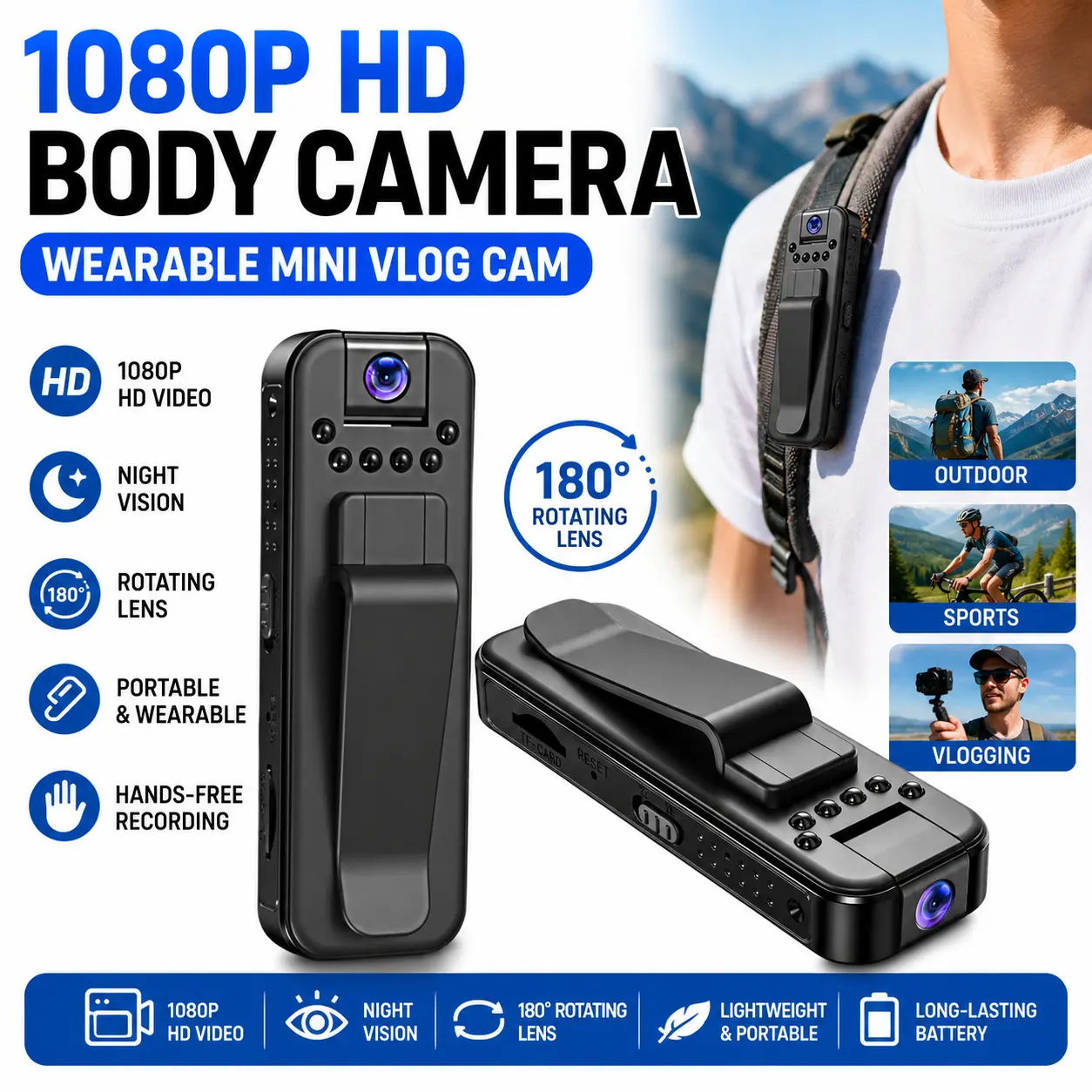 1080P HD Body Camera, Wearable Vlog Cam with Night Vision, 180 °   Rotating Lens, Mini Portable Camera for Travel, Outdoor Adventures, Action Recording, Sports, Hiking & Hands-Free Vlogging