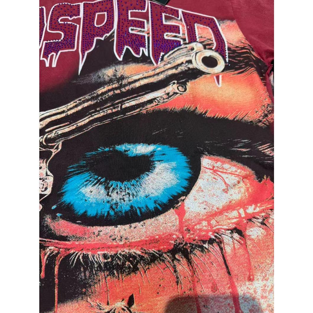 Real Photo Original Label Ripped Hot Drill Godspeed Short Sleeves T Shirt American Cotton Vintage Washed Rhinestone Bling Oversized Loose Unisex Round Neck Streetwear Hip Hop Y2K Casual Tops Tees With Tags For Men Women