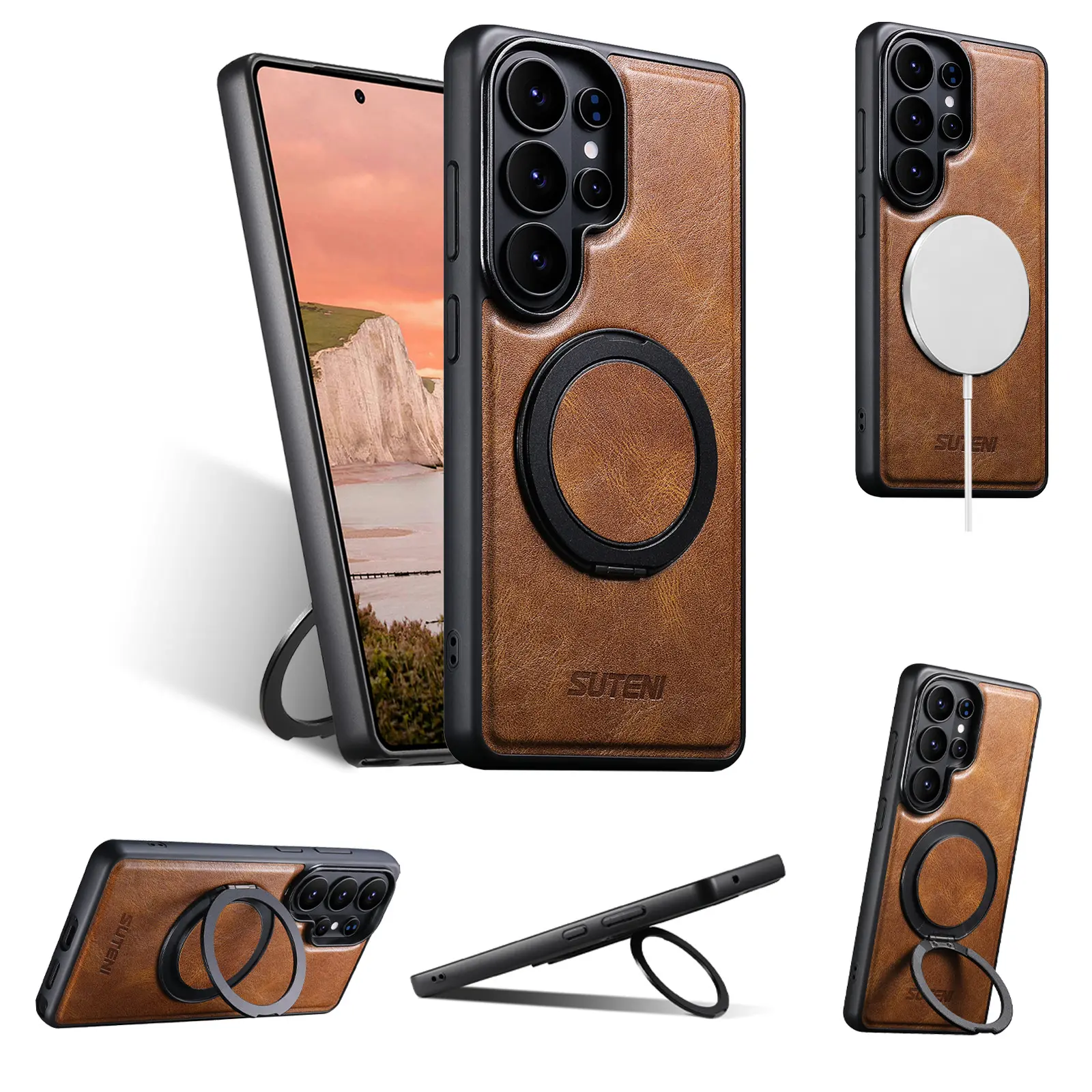 (Case & Nova) MagSafe Snapon American Retro Leather TPU Metal Case for Samsung Galaxy S26 Ultra-S25 Ultra, 360° Rotatable Ring Kickstand, Drop-Cushion TPU, Slim Fit, Magnetic, Nordic, Wireless Charging, Shockproof Mobile Phone Accessory