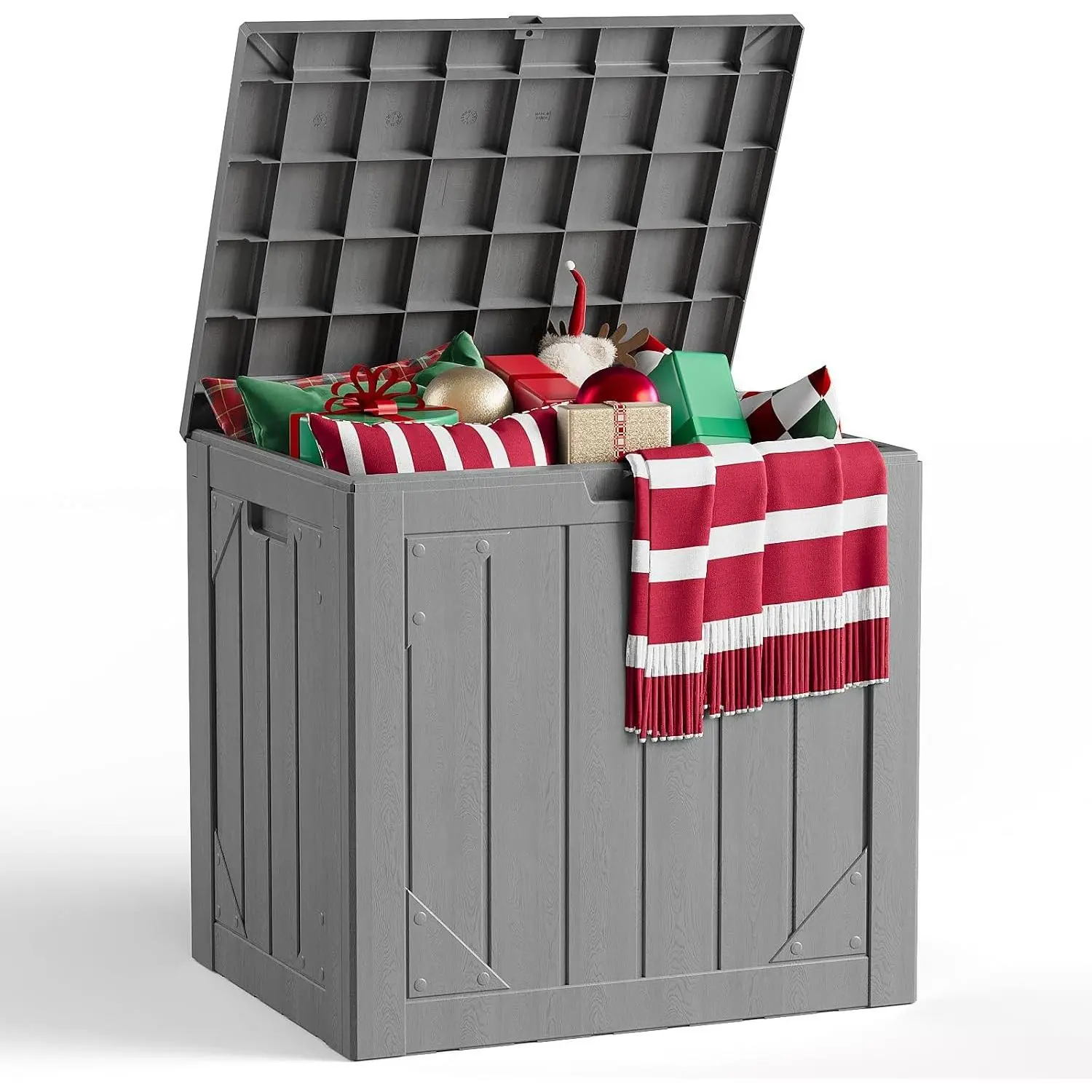 Outdoor Storage Box, 30 Gallon Deck Box, Waterproof Resin Storage Bench, Lockable Patio Cushions, Garden Tools Storage, UV Resistant (Gray)