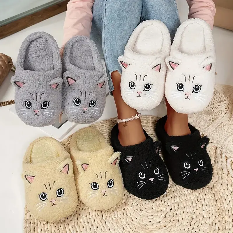 Women's Cute Cartoon Cat Casual Chic Slippers - Synthetic Fur Open-Toe Clogs, Anti-Skid Rubber Sole, Warm Fluffy Indoor/Outdoor Cozy Home Footwear Slides for Winter, Fluffy Warm, Synthetic Fiber