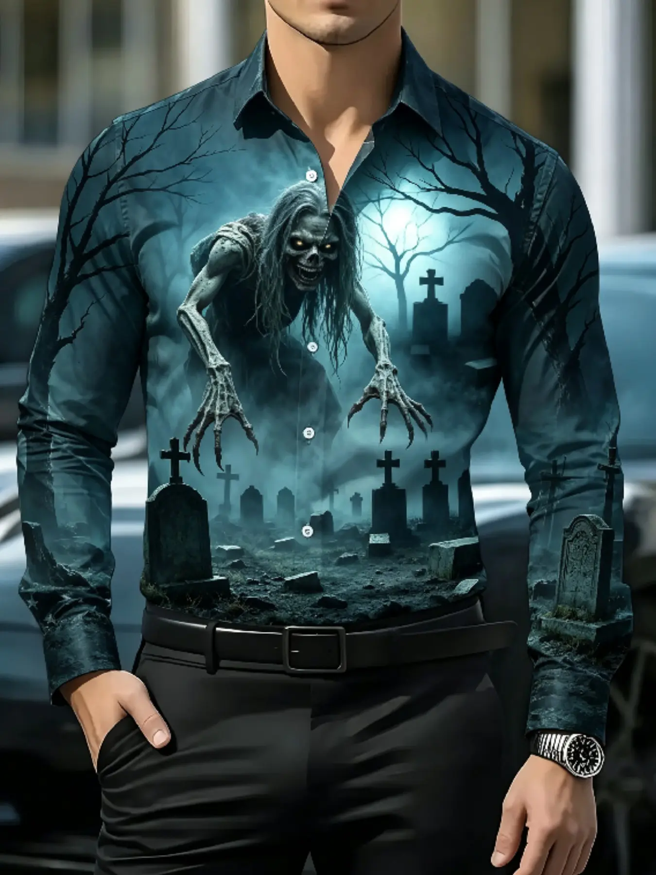 Men's Lapel Long Sleeve Button Down Shirt Dark Cemetery Zombie Demon Ghost Tombstone Bare Tree Full Moon Mist All Over Print Sublimation Fabric Slim Fit Halloween Casual Costume Shirt