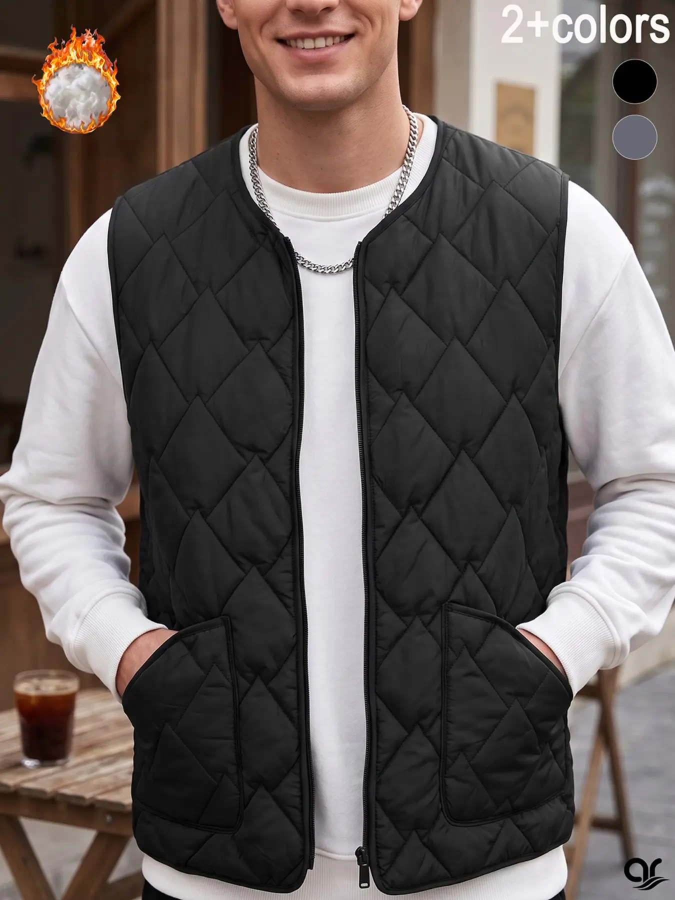 AR Men's Lightweight Quilted Vest Casual V-Neck Sleeveless Jacket Warm Zip-Up Gilet for Golf Hiking Running & Daily Streetwear Fall Winter Layering Outerwear with Pockets
