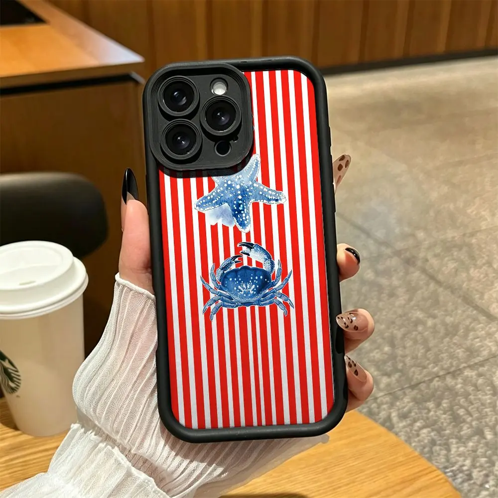 Red White Striped Starfish Crab Phone Case For Iphone17 16 15 14 13 12 11 Pro Max 12 13 Mini Xs Xr X 8 7 Plus, Shockproof Anti Scratch, Soft Tpu Bumper Case, Summer Beach Ocean Nautical Theme
