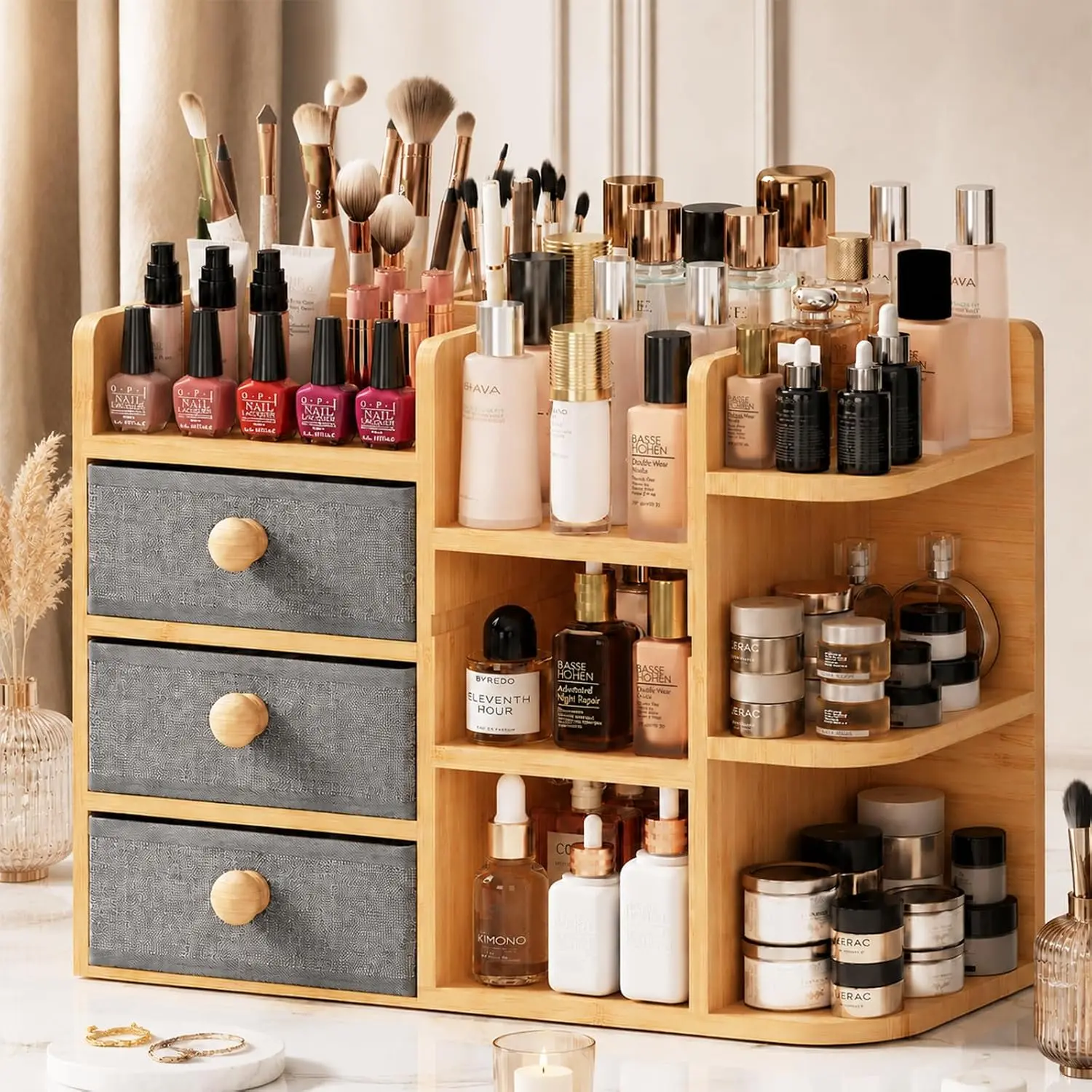 Large Makeup Organizer For , Large Capacity 3 Tiers  Bathroom Counter Organizers and Storage, Countertop Makeup Brush Holder,  Polish Perfume Stand with 3 Drawers and 10 Compartments