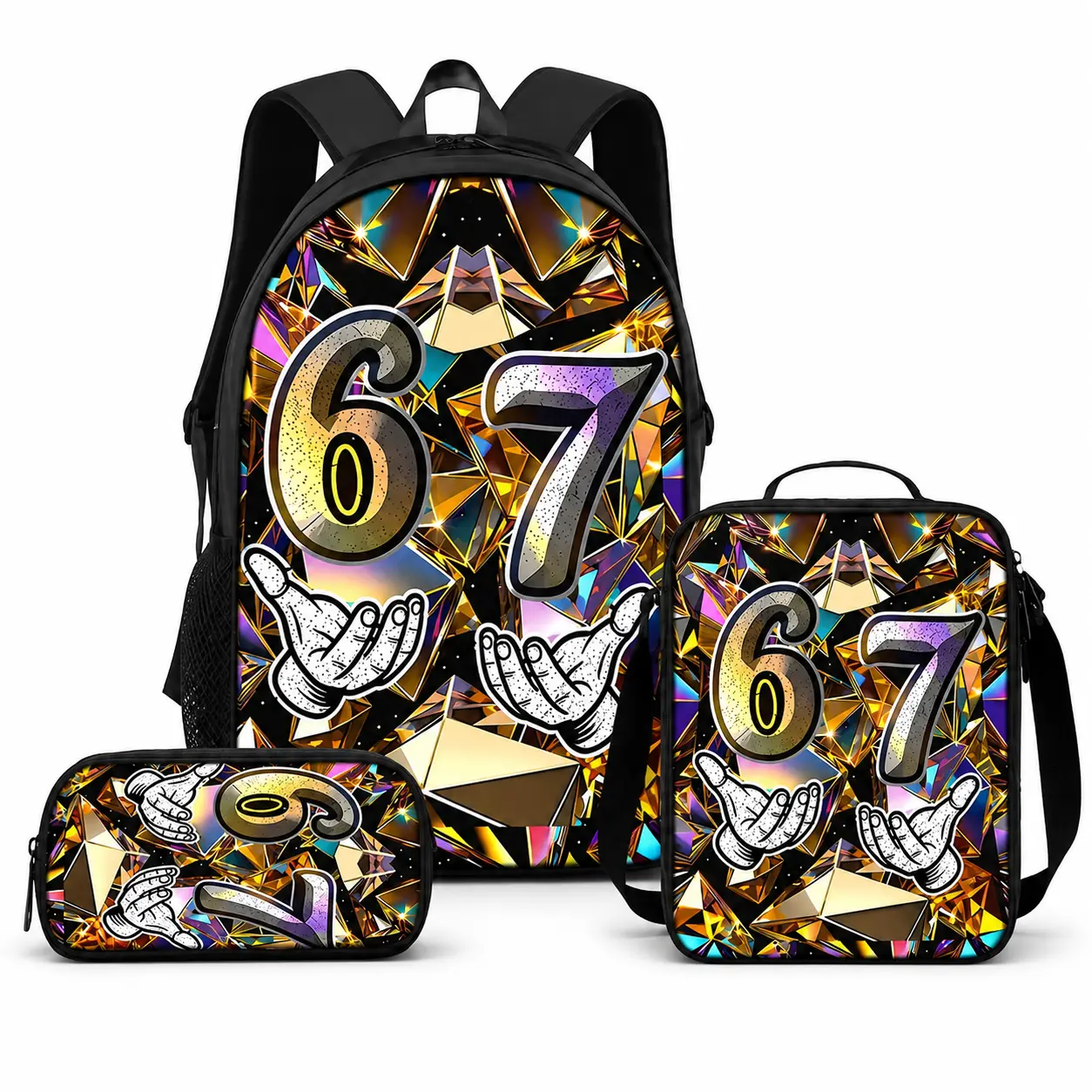 3PCS Kids Number 67 Backpack Set, Gold Geometric Graphic School Bag Set with Backpack, Lunch Bag and Pencil Case, Cool Student Bookbag for Boys Girls, Matching Back to School Gift Set, back-to-school style, unique birthday gift
