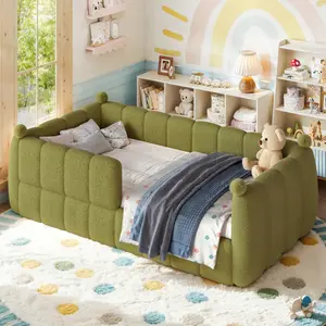 Twin Bed for Kids Soft Upholstered Floor Bed, Montessori Floor Bed with Full Surround Safety Rails, Low to Ground Child Bed Frame for Boys Girls, Green