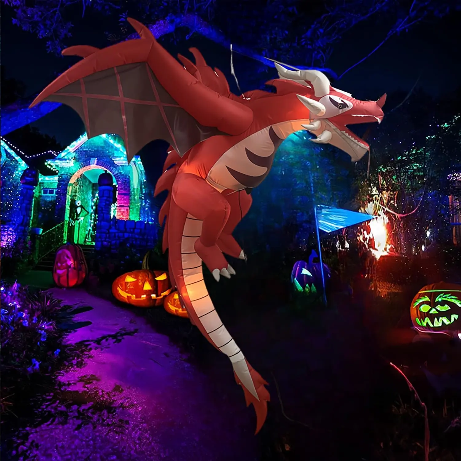 5FT Halloween Inflatable Dragon with LED Lights, Flying Fire Dragon Blow Up Yard Decoration, Spooky Outdoor Halloween Decor for Front Yard, Lawn, Porch, Garden, Party & Trick or Treat Display