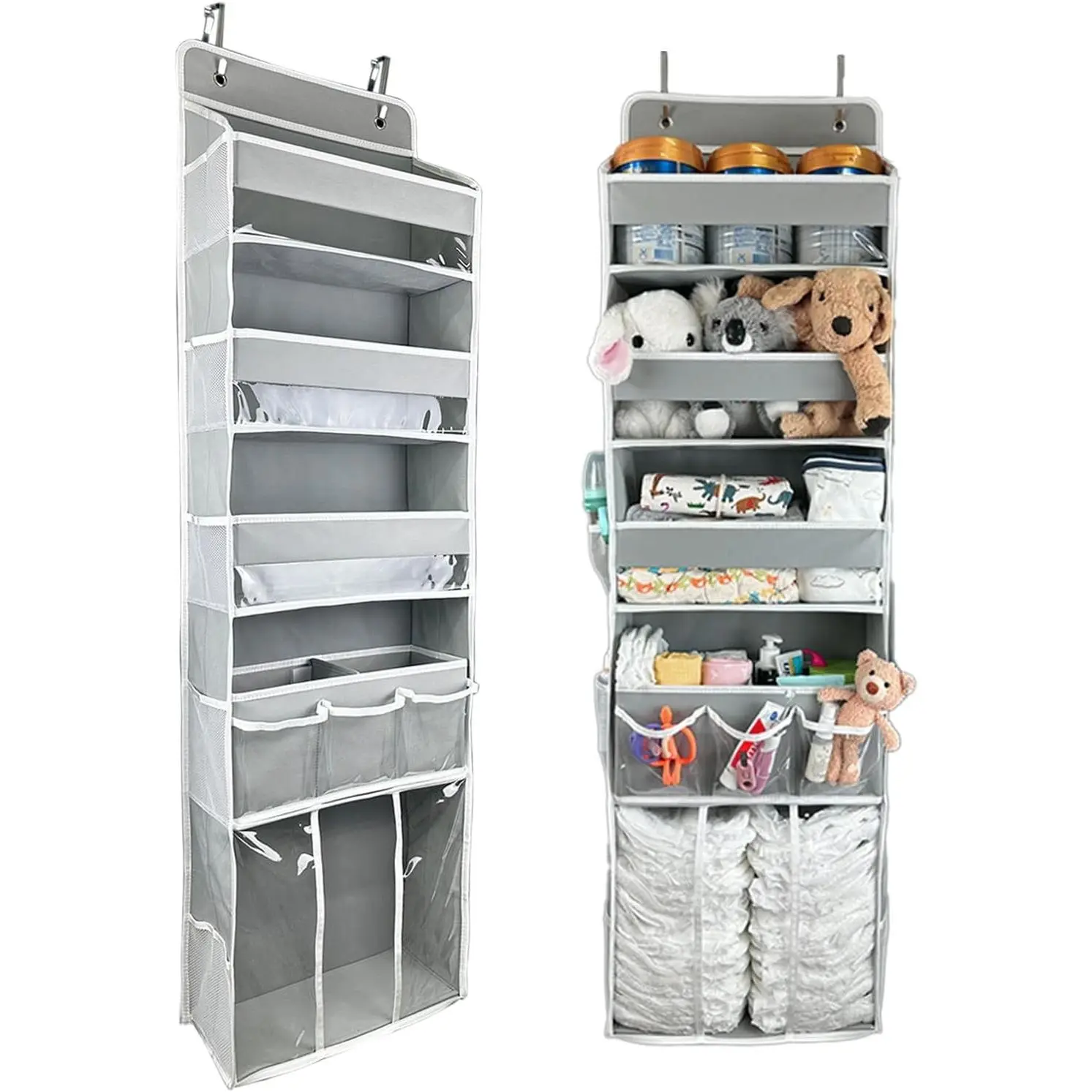 Door Hanging Storage Organizer,with 3 Bins 1 Movable Baby Diaper Caddy,1 Large capacity diaper stacking storage Organizer,10 Side Pockets ,Bedroom Door Storage for Nursery Baby Essentials.Grey 1 Pack.