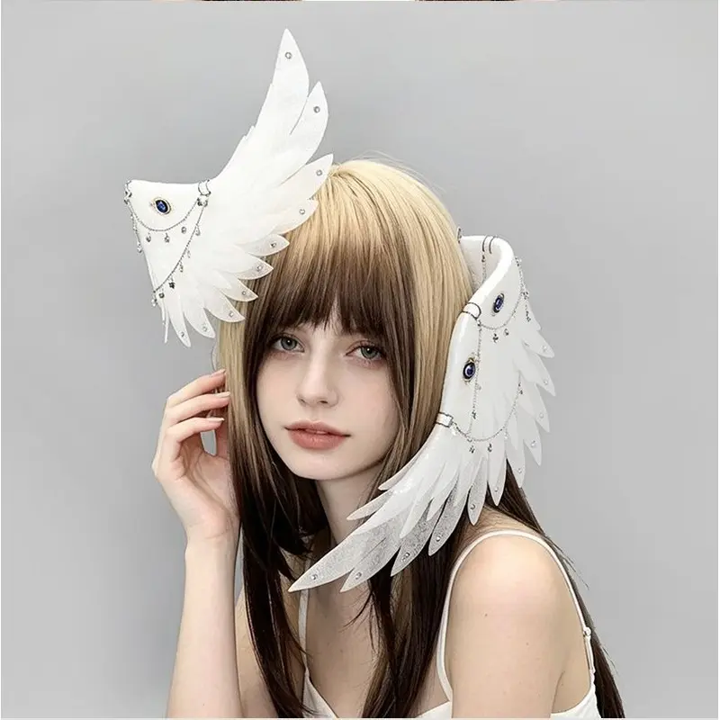 Gothic Dark Aesthetic Double Layer Wing Headpiece with Evil Eye Pendant Chain Alt Fashion Hair Accessory for Party Photoshoot Halloween Costume