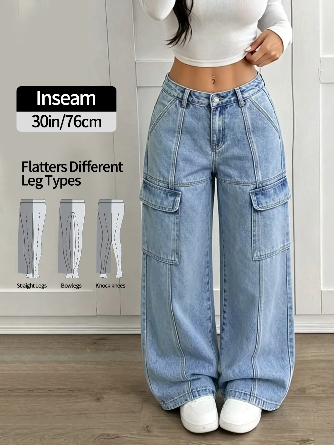 Wide Leg Cargo Pants, Eco-Wash Blue Denim, Multiple Pockets, Casual Loose Fit, Floor Length, Button Fly, All Seasons Women's Jeans