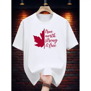 Men's True North Strong And Free Maple Leaf Pattern T-shirt - Casual short sleeves, round neck design, made of lightweight and comfortable fabric, suitable for daily wear and outdoor activities.Fashionable print showcases Canadian style