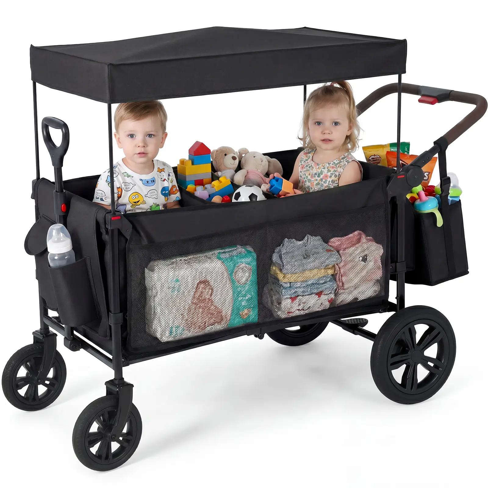 2-Seat Collapsible All-Terrain Stroller Wagon - Push/Pull Outdoor Cart with One-Hand Adjustable Handle - Removable Canopy, 5-Point Harness, Large Storage Pocket - Black (Cationic Cloth)