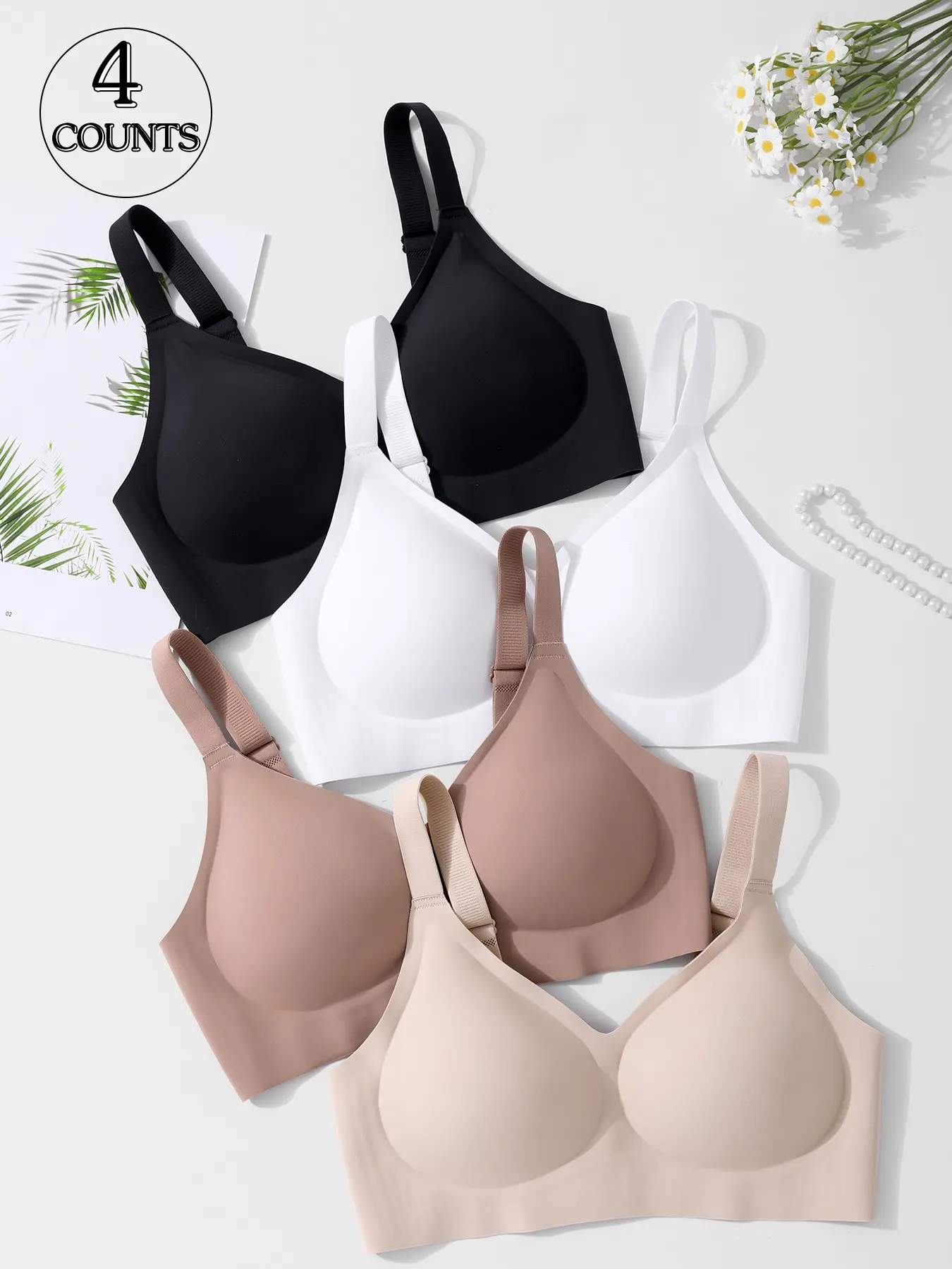 4pcs/6 Colors Seamless Jelly Wireless Women's Bra Lingerie XS-XL Size High Elasticity Four-Row Three-Hook Design Push-up Cleavage Bra with High Support Comfortable Skin-friendly Soft Fabric Adjustable Straps Sports Bra Daily Casual Seamless Bra