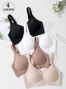 4pcs/6 Colors Seamless Jelly Wireless Women's Bra Lingerie XS-XL Size High Elasticity Four-Row Three-Hook Design Push-up Bra with High Support Comfortable Skin-friendly Soft Fabric Adjustable Straps Sports Bra Daily Casual Seamless Bra
