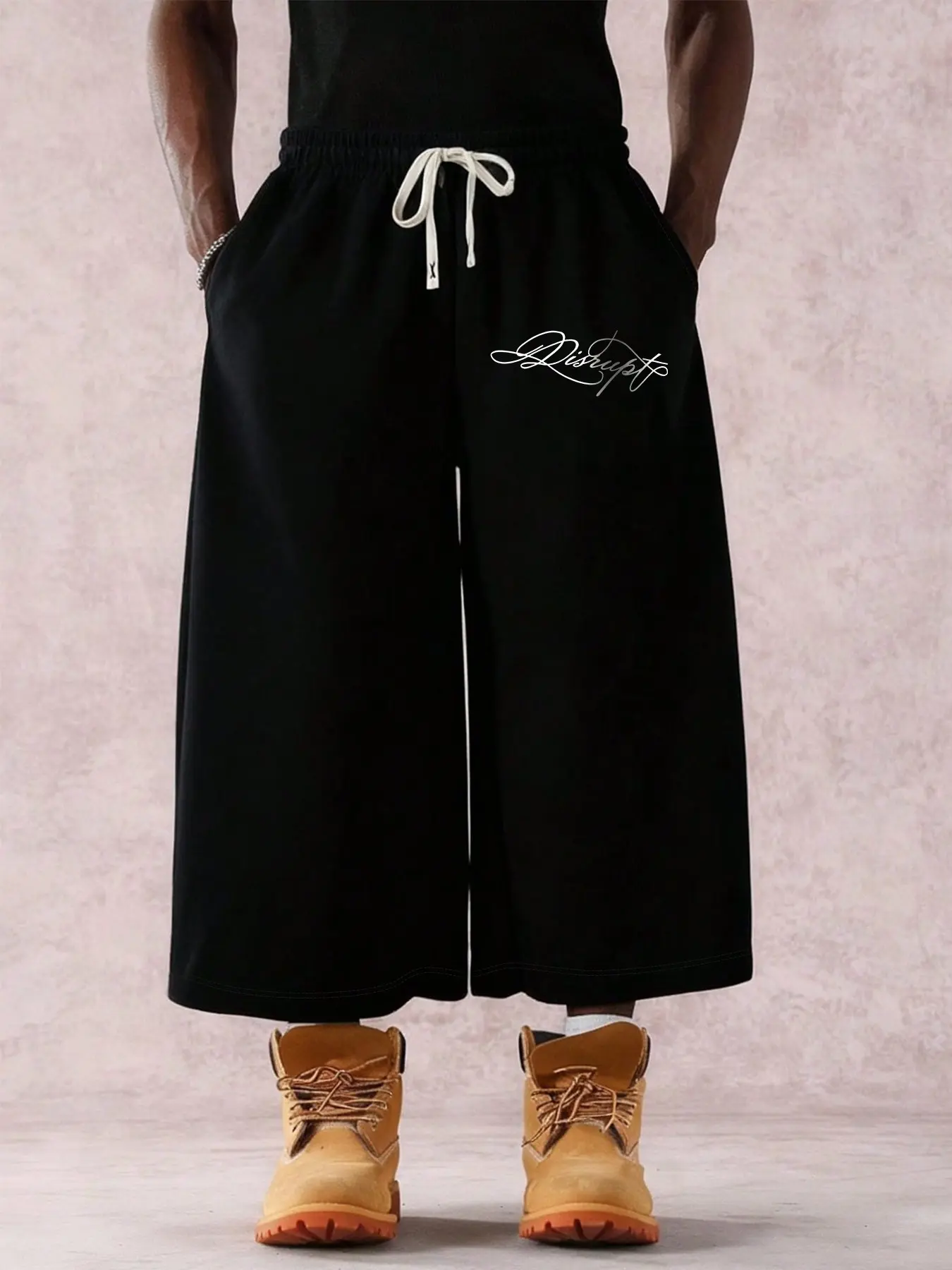 Vintage American Retro Oversized Wide Leg Capri Sweat Pants Men Handwriting Logo Embroidery Elastic Waist Loose Fit Lightweight Cropped Sweatpants With Deep Pockets For Daily Walking Gym Timberland Matching Summer Casual Wear