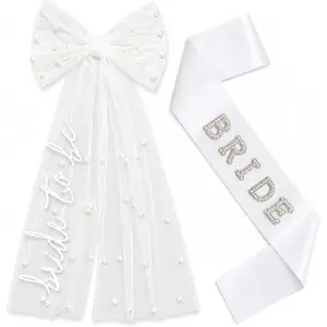 2pcs Bride To Be Veil And Sash Set Pearl Bow Veil White Satin Sash Accessory For Bachelorette Party Bridal Shower Gift Decor
