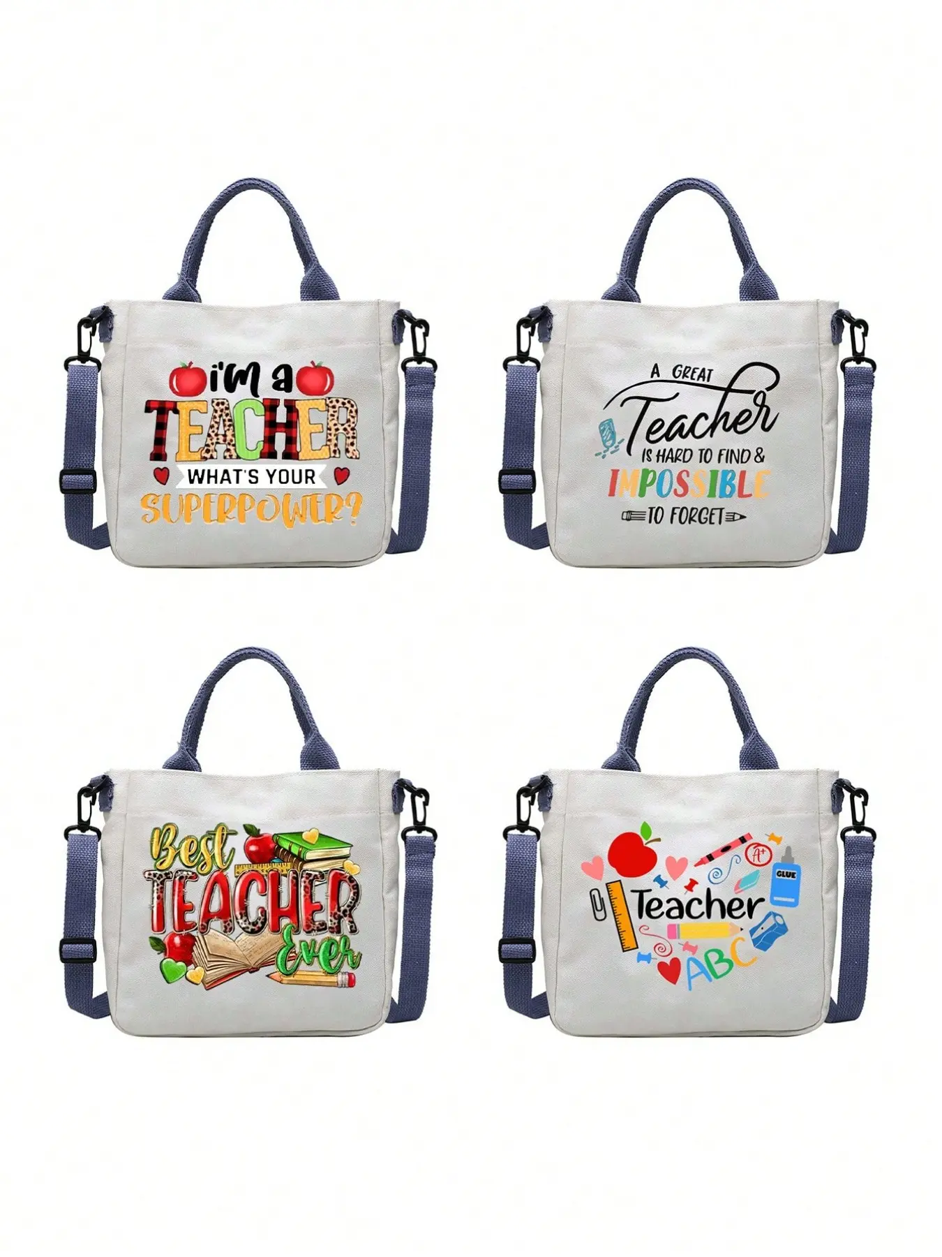 Teacher Handbag with Detachable Strap, Canvas Material, Floral Design, Large Capacity, Reusable, Ideal Gift for Educators, Unisex