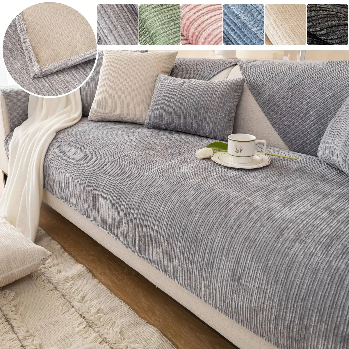 1pc Solid Color Chenille Sofa Cover - Sofa Slipcovers for Living Room Furniture - Non-Slip, Stain-Resistant, and Easy to Clean Couch Cover Protector with Soft Touch and Elegant Design