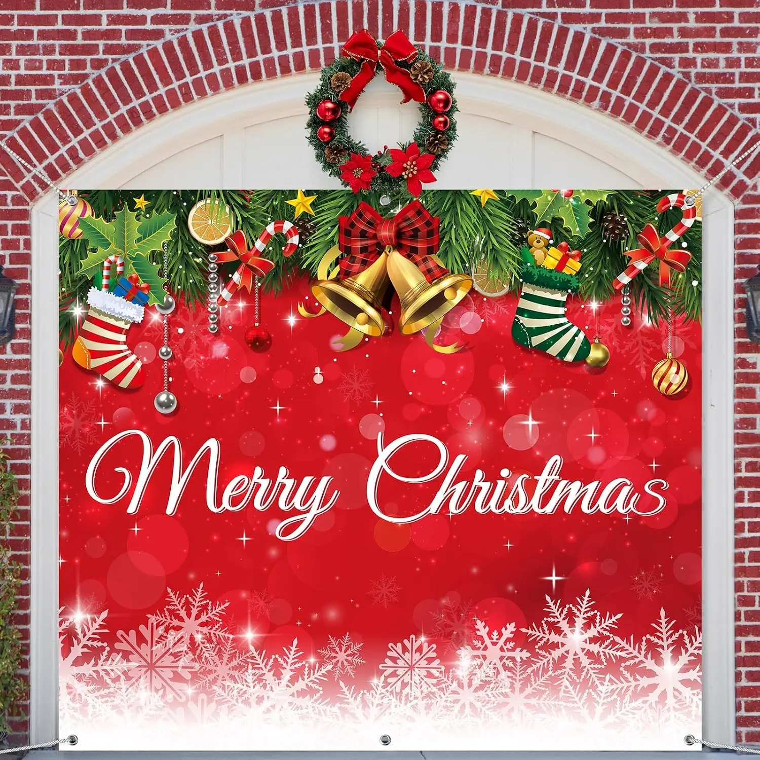 Christmas Garage Door Decorations 7 x 8 ft Christmas Snowflake Garage Door Banner Merry Xmas Backdrop Cover for Indoor Outdoor Wall Decor