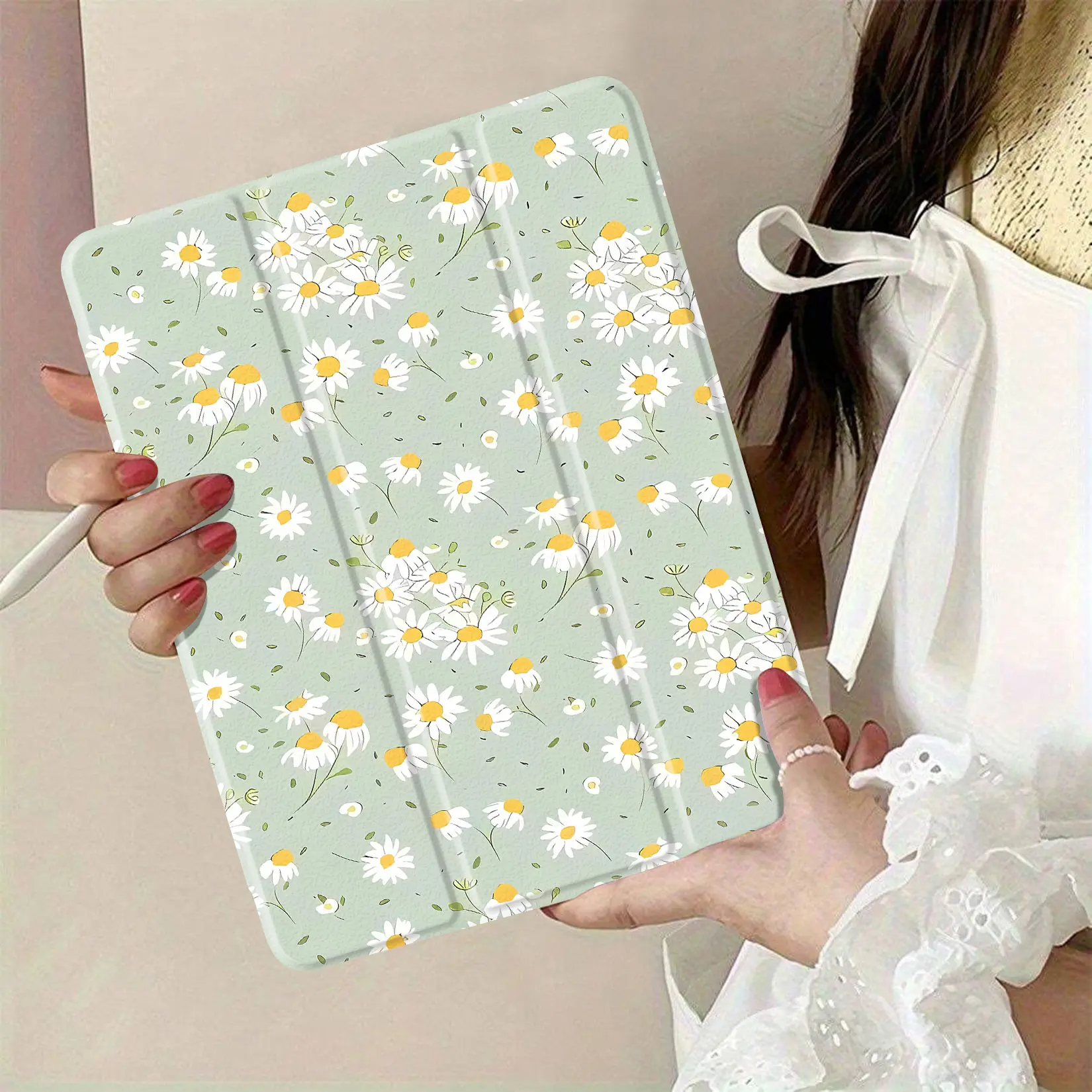 Floral Tablet Cover Fabric - Light Green Background with White Daisies, Yellow Centers, Suitable for Sewing, Home Decor for Craft Enthusiasts