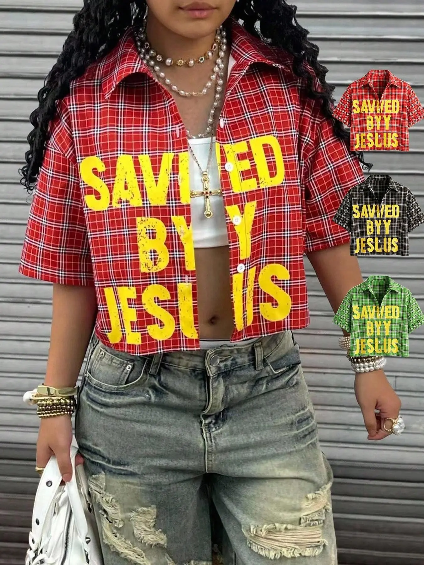 Women's Plaid Button Short Sleeve Shirt, Casual College Street Style, Loose Fit Oversized Summer Jacket, Cool Hip-Hop Fashion Item, Top
