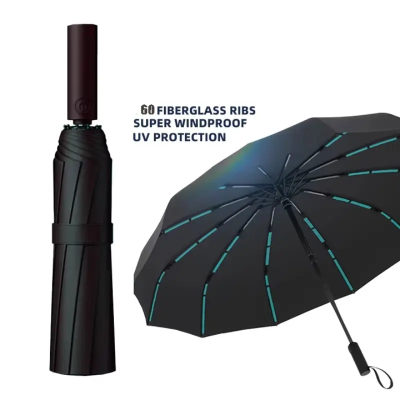 12bones 60ribs Fold Automatic Rain Umbrella, Windproof UV Protection, Auto 3 Folding Umbrella, Handheld Lightweight Portable Design, 1pc