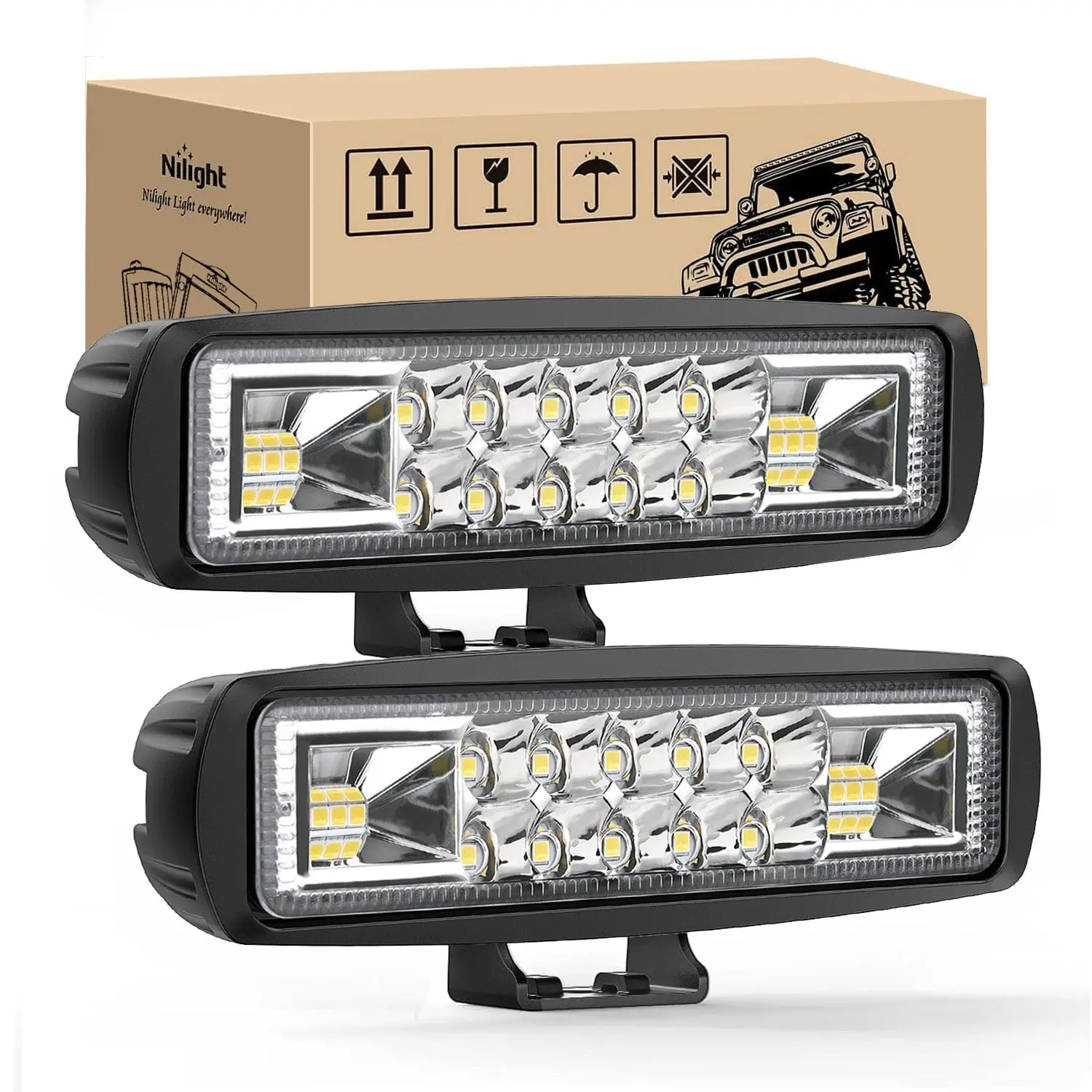 Nilight LED Pods (2PCS), 6-Inch 60W Flood-Spot Combo Light Bar with Aluminum Alloy Body, Bright Illumination, Mount Brackets for 12V-24V Trucks, UTV, ATV, Marine Boat