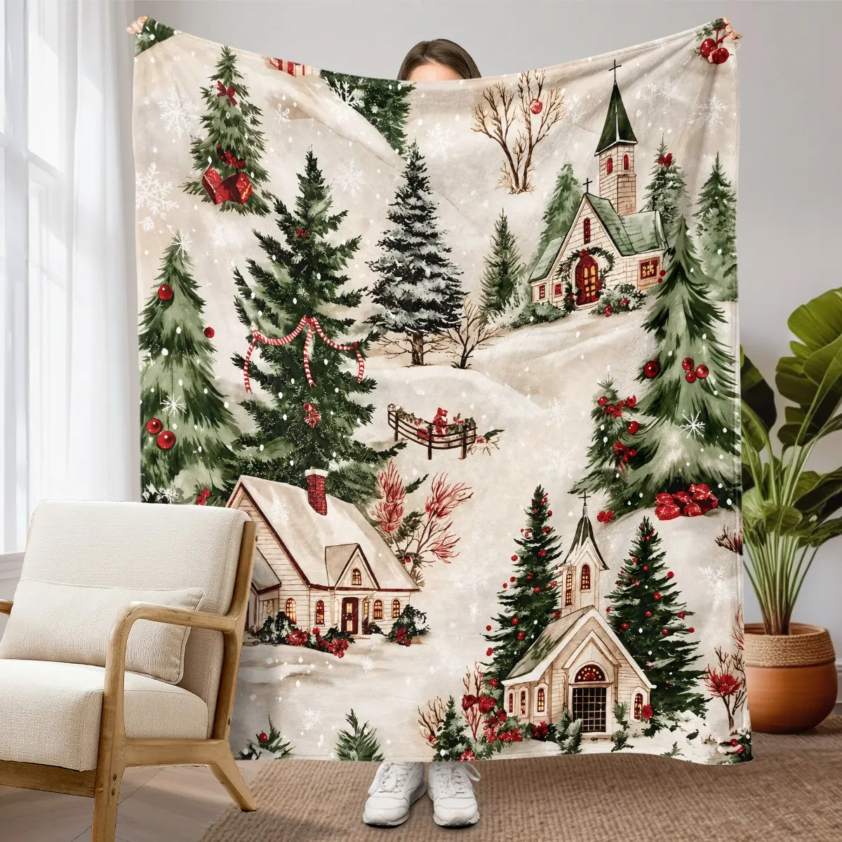 1PC Retro Christmas Village Snow Scene Fleece Throw Blanket, Snow Houses Church Pine Trees Sleigh Gifts Repeat Pattern, Warm Red and Dark Green, Soft Warm Blanket for Sofa Bed Office Camping, Christmas Birthday New Year Gift