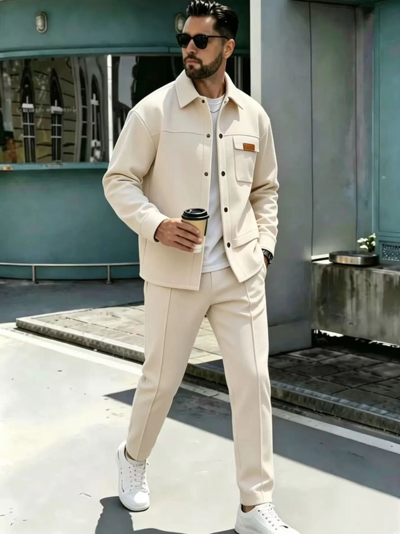 Men's Waffle Collar Work Jacket and Straight Leg Pants Two-Piece Set, Casual, Comfortable and Stylish, Perfect for Daily Wear
