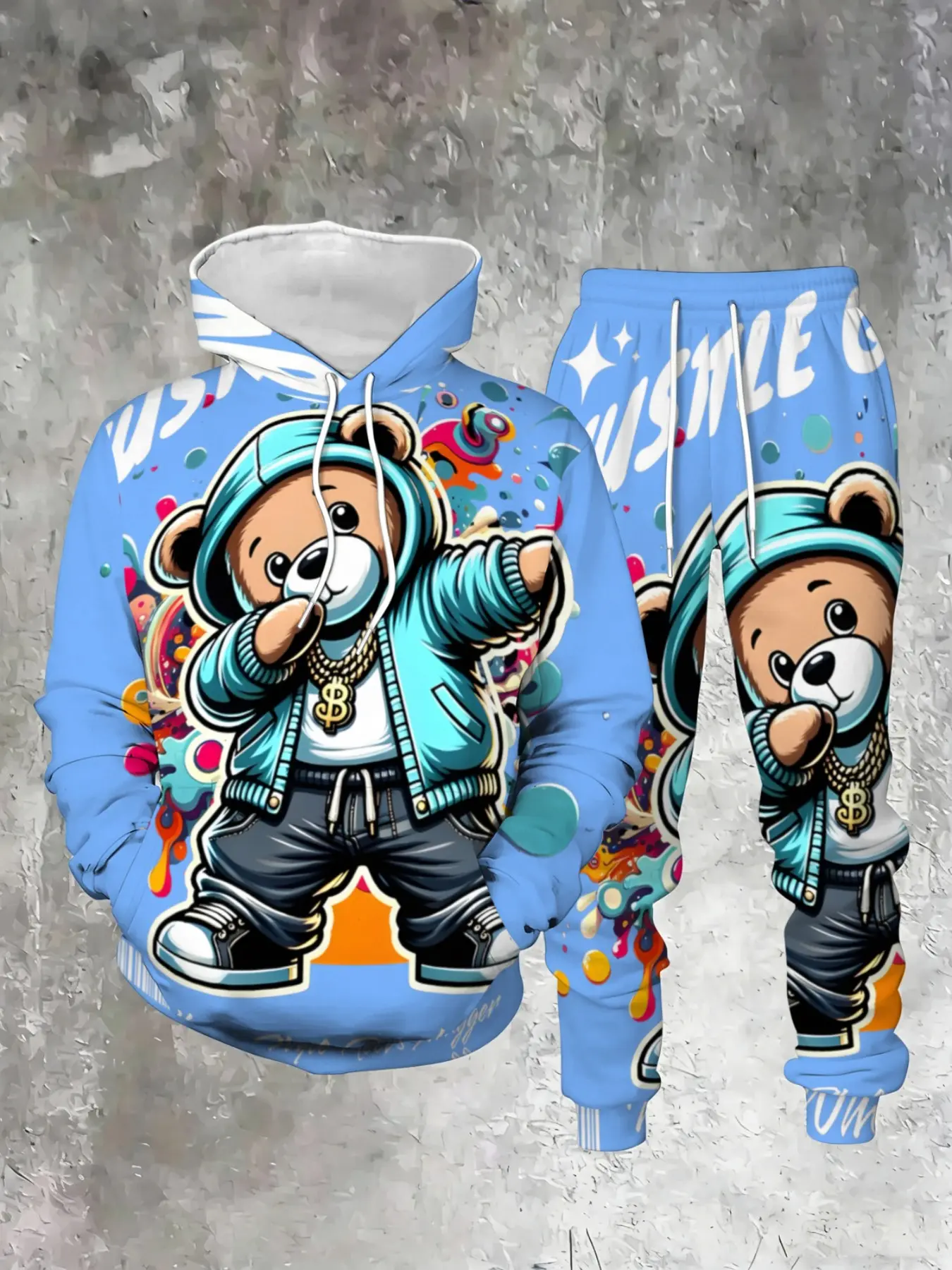 Men's Fashion Casual Streetwear Cartoon Print Hoodie Pants Set, Street Style Sporty Two-Piece, Loose Fit Hip-Hop New Arrival