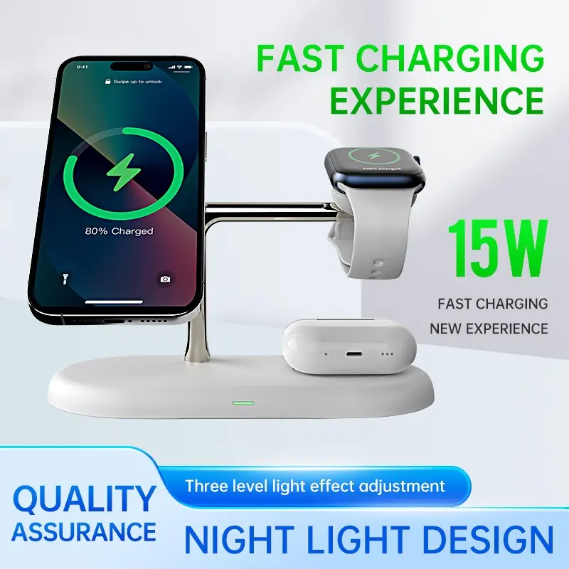 5 in 1 Magnetic Wireless Charger Stand, 15w Qi Fast Charging, LED Night Light, Compatible with iPhone 17/16/15/14/13/12 Pro Max, Apple Watch, AirPods