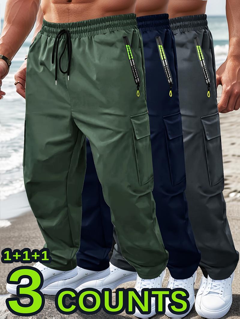 3pcs Men'S Casual Sports Cargo Pants - Drawstring Waist, Men's Sweatpants, Print Zip Pockets, Multiple Pockets, Lightweight for Spring & Summer, Ideal for Outdoor Running & Training, Casual Wear Pants | Cargo Style Pants | Lightweight Fabric