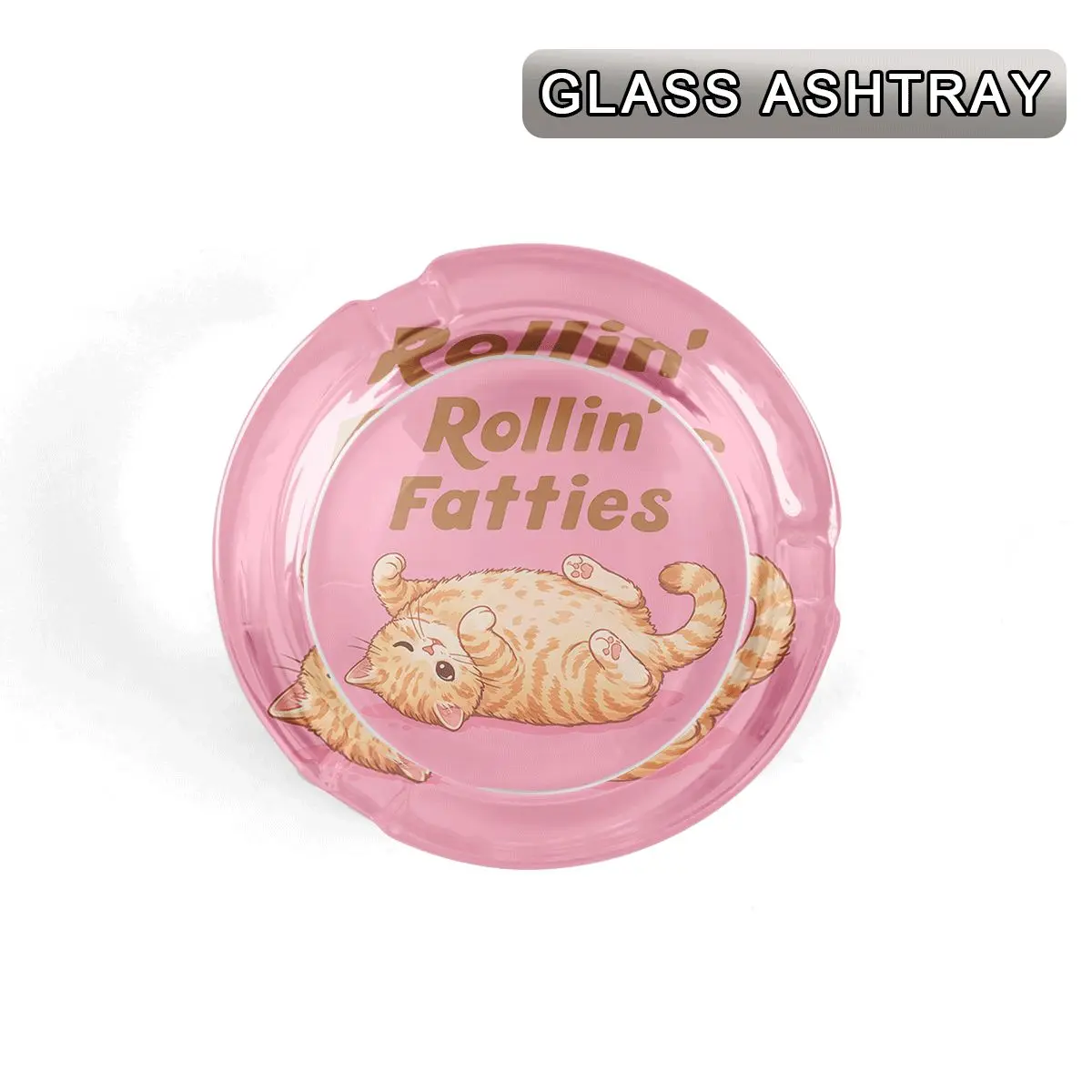 1pc Pink Transparent Round Glass Ashtray, Chubby Orange Tabby Cat Print with Rollin' Fatties Lettering Design, Decorative Crystal Tray, Desktop Ornament, Decorative Ornaments, Home Decor & Novelty Gift for Cat Lovers