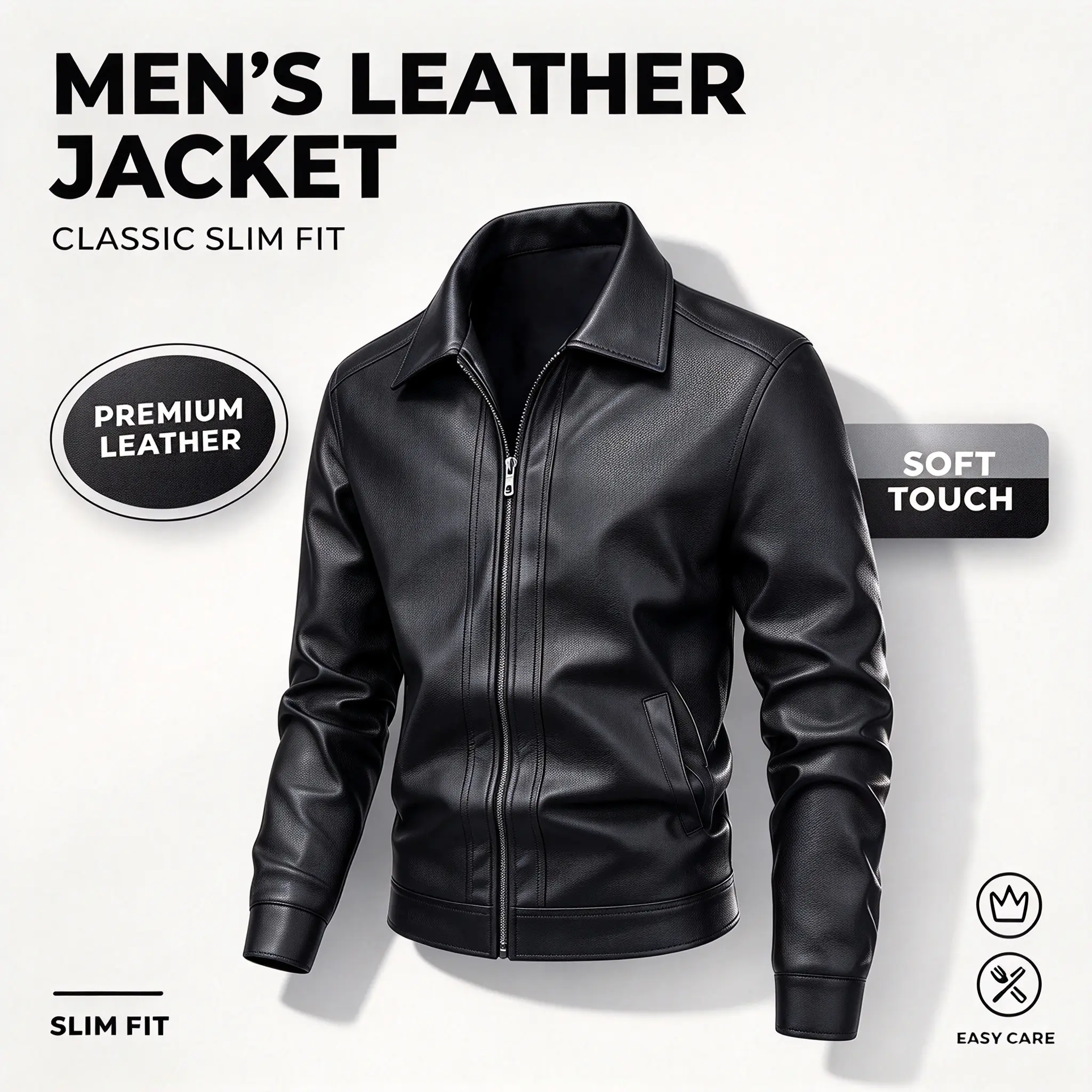 en’s Lapel Collar Faux PU Leather Jacket, Refined Stitching Work Highlights Textured Surface, Smooth Synthetic Leather Outer, Timeless Minimalist Silhouette, Versatile Outerwear for Urban Streetwear and Semi-Formal Occasions