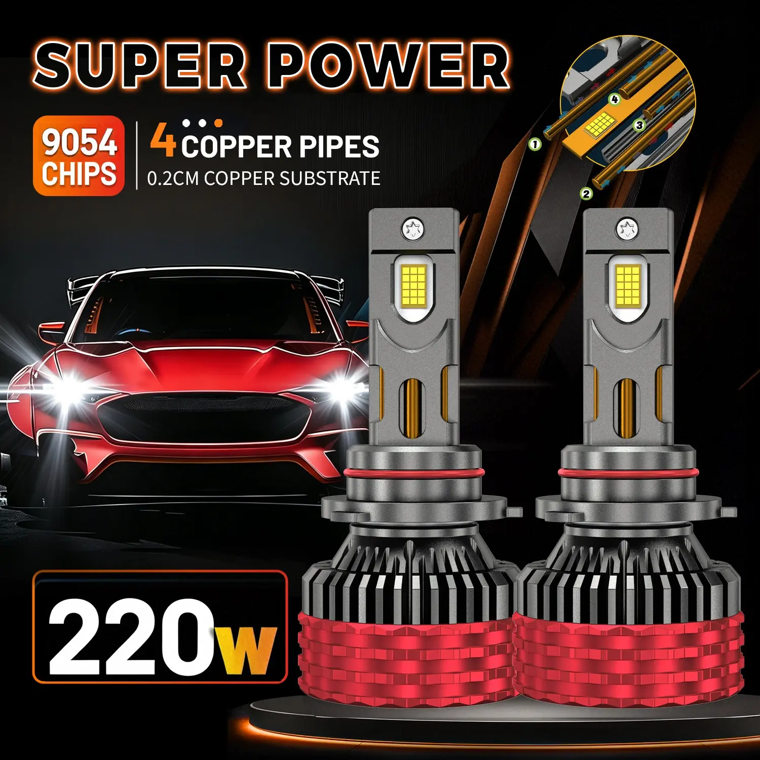 2-Pack 160000 Lumens H7 Canbus LED Headlight Bulbs, 220w, Compatible with H4/h11/h1/h9005/hb3/hb4/h9008/h13/h9007/hb5, 12V/24v, Turbo Cars