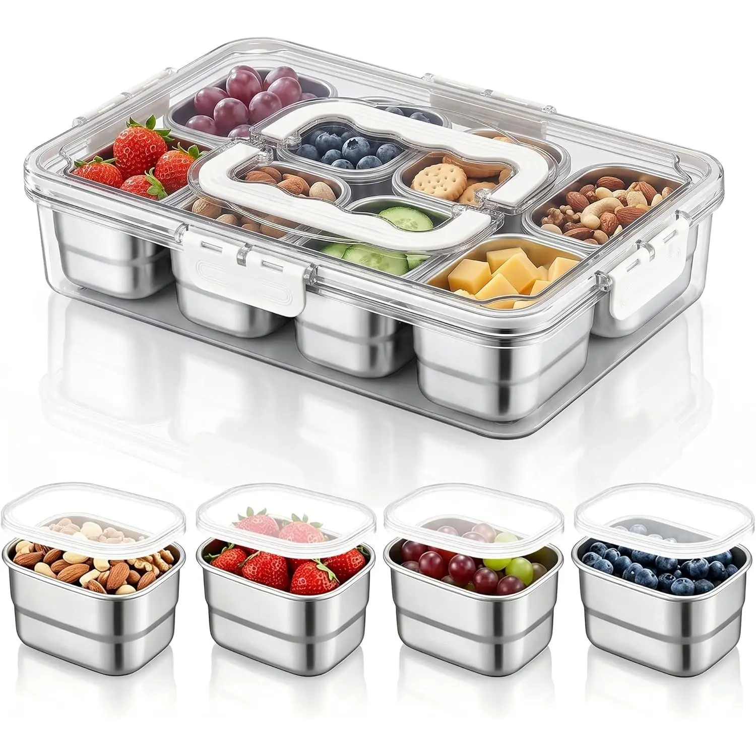 Snackle Box Container, 8 Compartments Stainless Steel Portable Divided Serving Tray with Lid & Handle, Clear Food Storage Organizer for Veggie Fruit, Beach Road Trip Picnic