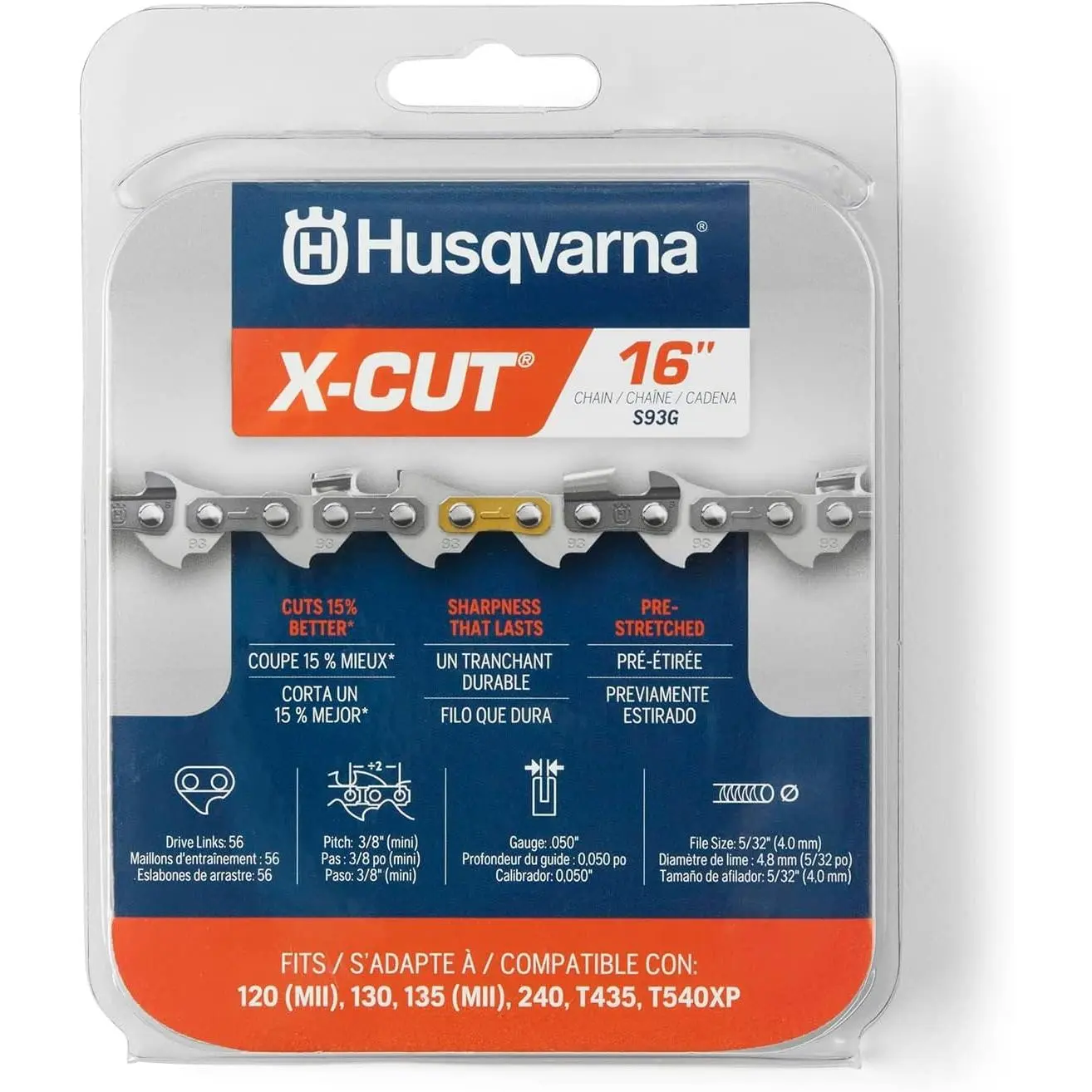 Husqvarna X-Cut S93G 16 Inch Chainsaw Chain, 3/8" Mini Pitch, .050" Gauge, 56 Drive Link Chainsaw Blade Replacement, Pre-Stretched and Low Kickback, Gray