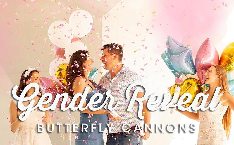 Gender Reveal Confetti Cannon - Biodegradable Powder & Butterfly Shaped Confetti Poppers - Pink 4 Pack - Baby Girl Gender Reveal Smoke Bomb Party Poppers